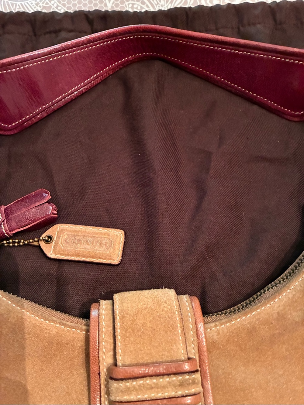 Vintage Coach Suede Hobo Bag in Tan with Burgundy Strap + Coach Suede Care Kit - Picture 2 of 14